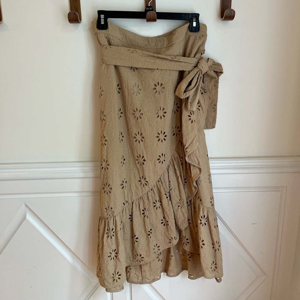 Ann Taylor Tan Eyelet Embroidered Wrap Midi Skirt